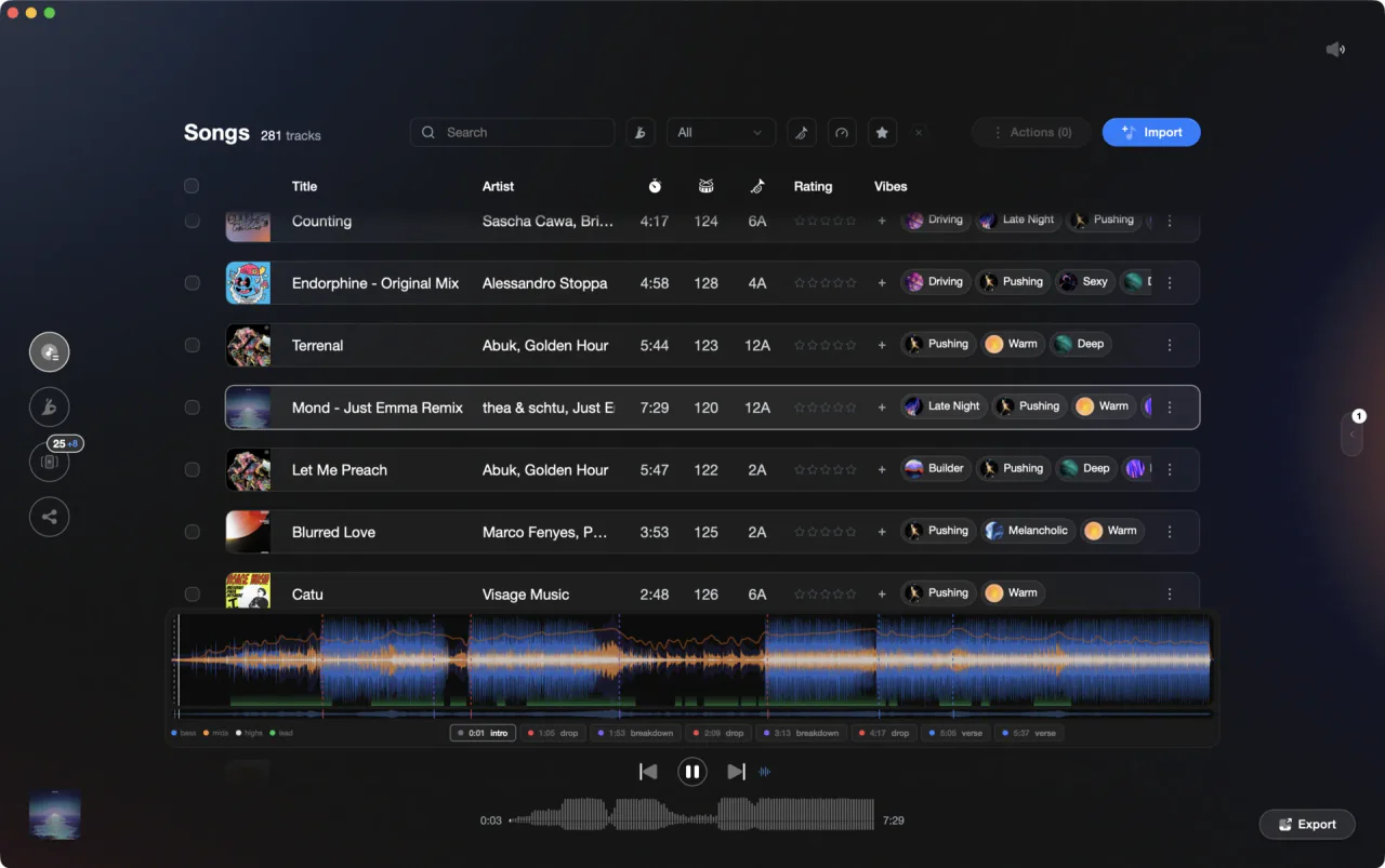 Imported tracks in the Vibes library, each analyzed with BPM and key, with the audio analysis panel showing a color-coded waveform and intro, drop, and breakdown markers