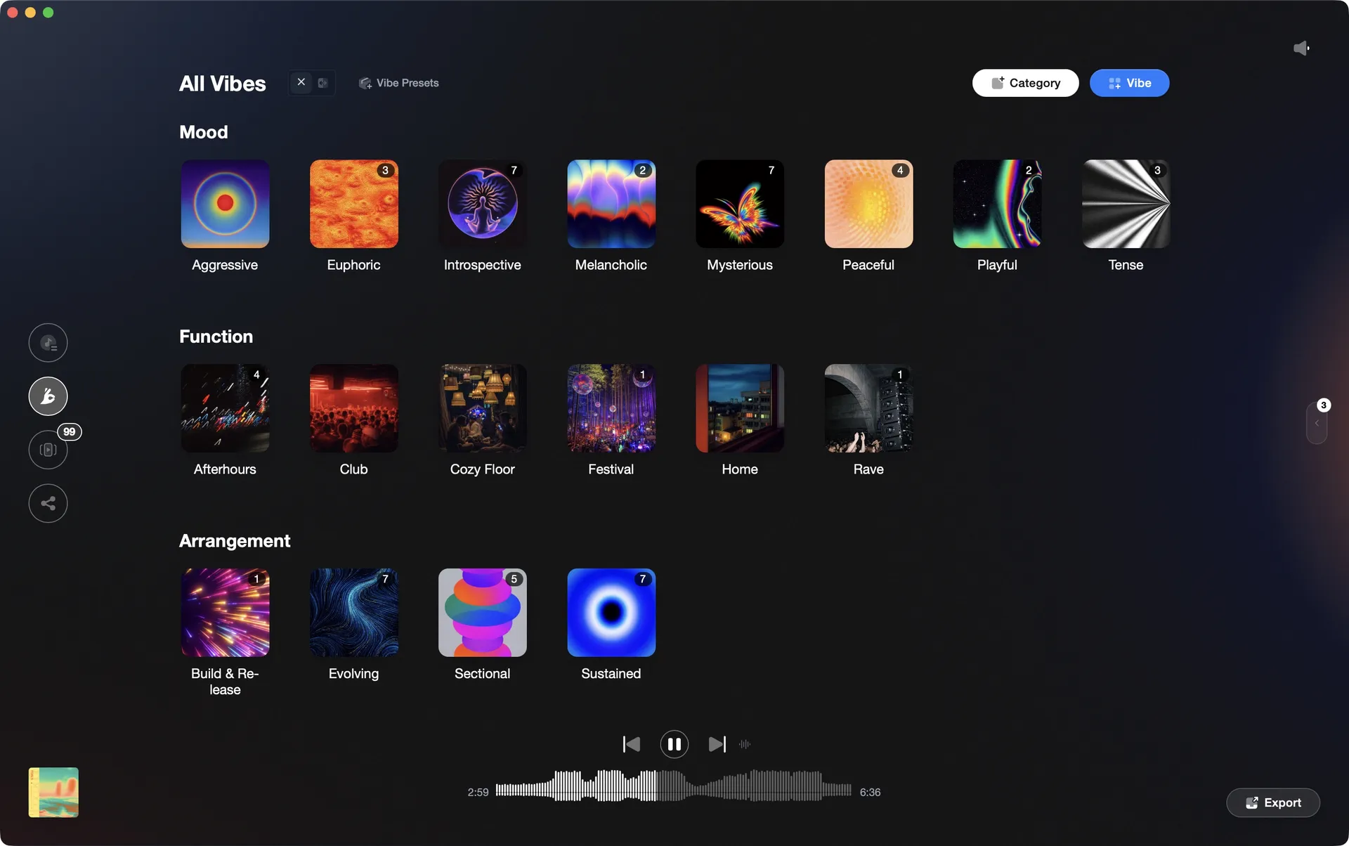Vibes DJ Library Organizer Interface showing track organization