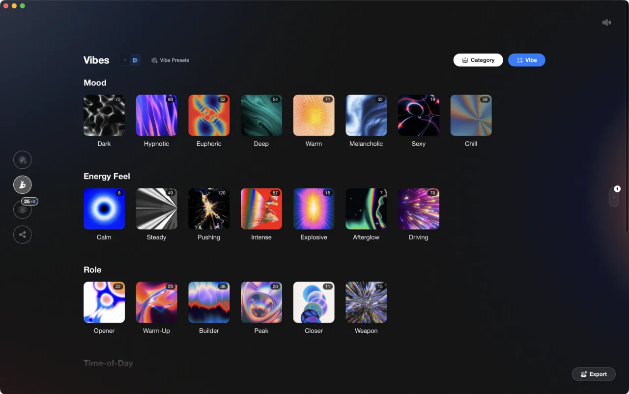 Vibe Creator with custom vibes like Dark, Hypnotic, and Warm organized into Mood, Energy Feel, and Role categories, each showing its track count