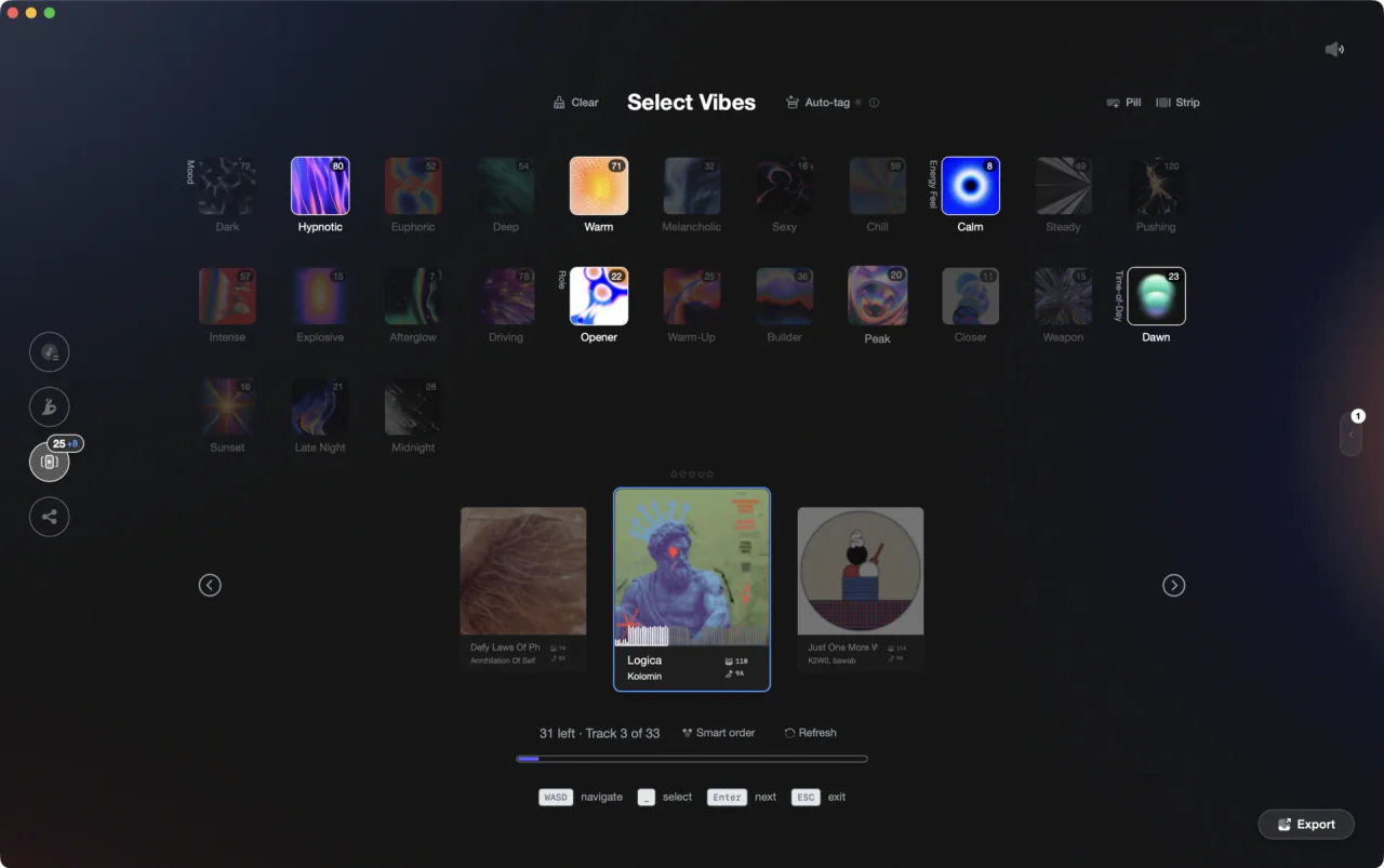 Vibe Sort screen with the current track centered under a grid of vibe cards, Auto-tag enabled, and keyboard shortcuts for tagging tracks one by one